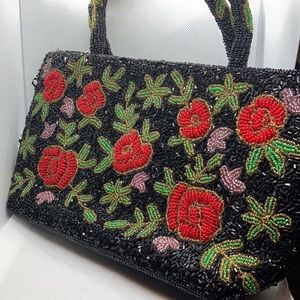 EUC beaded purse black red pink green rose pattern